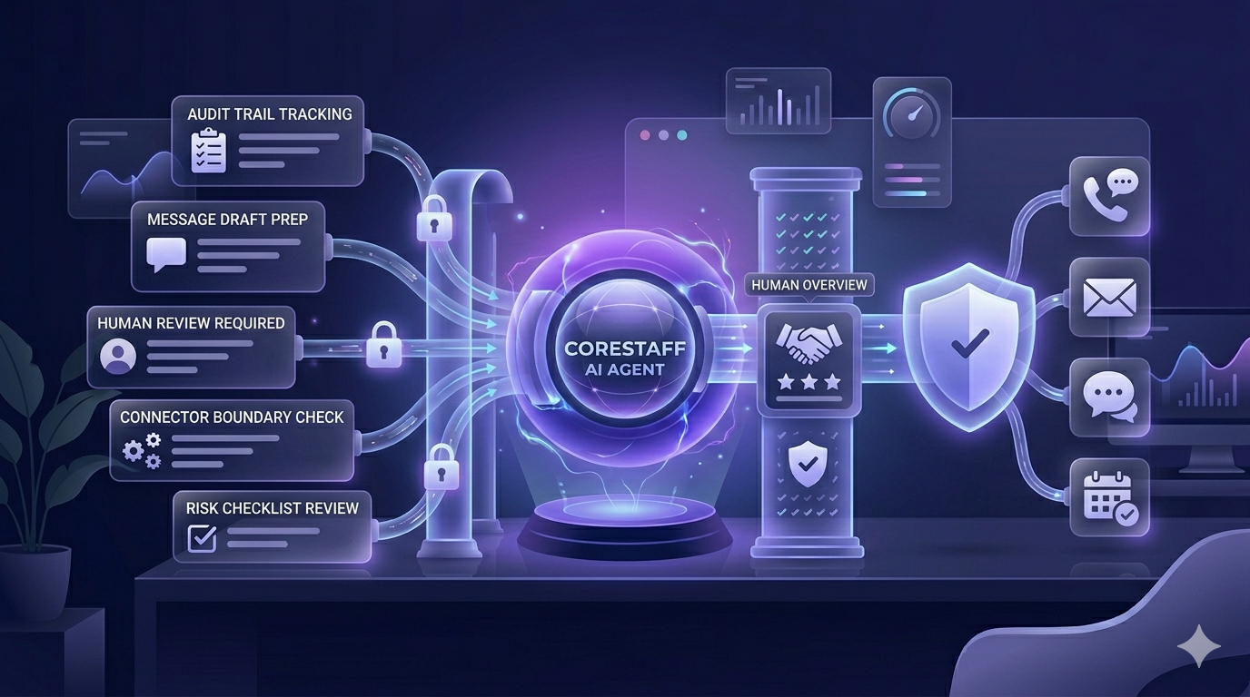 AI agent passing through approval gates, audit trails, and human review before touching customers.